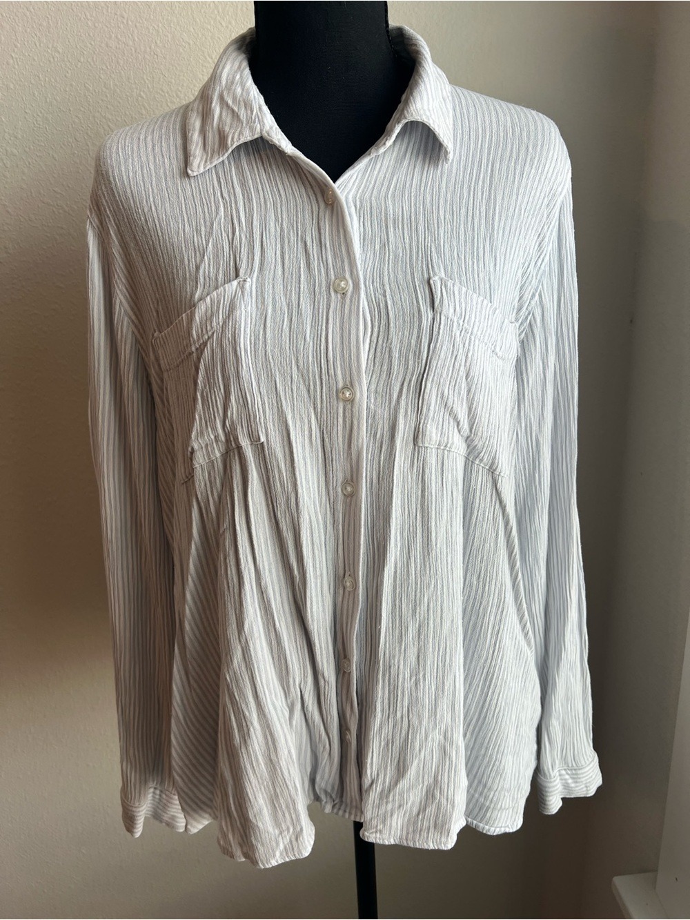 Olive & Oak White and Light Blue Striped Button-Down Blouse